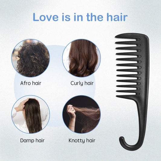 Wide Tooth Comb Shower Comb With Hook, Good for Curly Hair Wet Dry, Premium Tangle Free Combs Black.