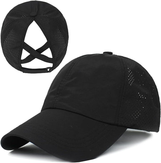 Womens Criss Cross Ponytail Baseball Cap Adjustable Messy Bun Mesh Quick Drying Hat
