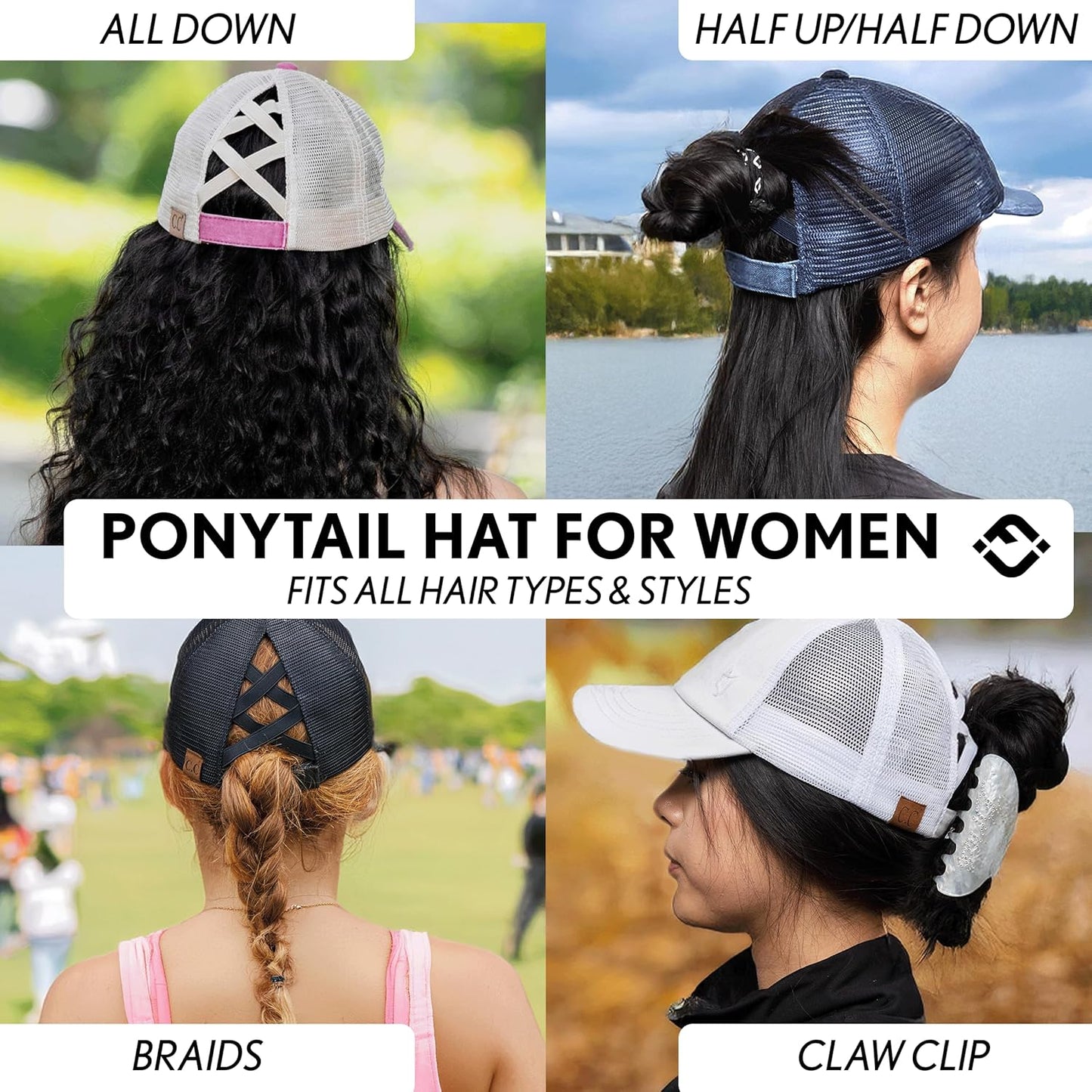 Criss Cross Hat Womens Baseball Cap Distressed Ponytail Messy Bun Trucker Ponycap