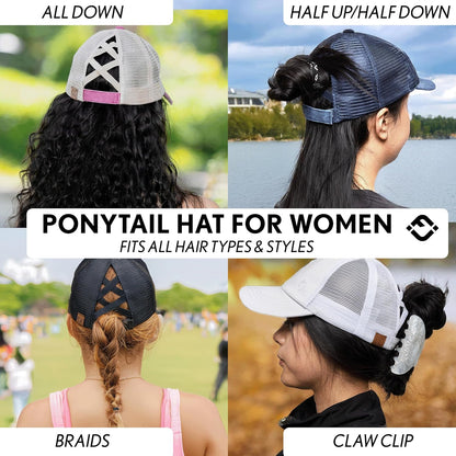 Criss Cross Hat Womens Baseball Cap Distressed Ponytail Messy Bun Trucker Ponycap
