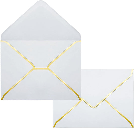 5x7 Envelopes for Invitations with Gold Border, 50 Pack A7 Envelopes with V-Flap, Self Seal Greeting Card Gift Card Envelopes Invitation Envelopes for Wedding, Graduation, Baby Shower, Party (White)