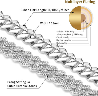 13mm Cuban Link Chain For Men Women Iced Out Chain Miami Cuban Necklace Bling Diamond Chains Hip Hop Jewelry