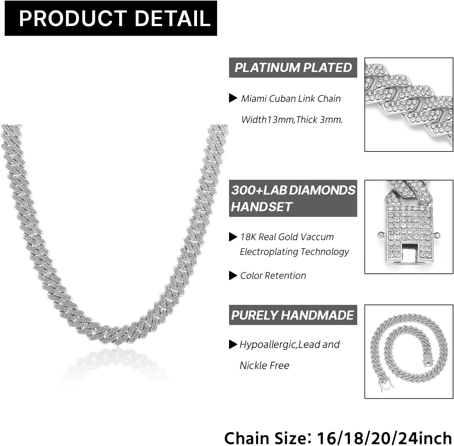 13mm Cuban Link Chain For Men Women Iced Out Chain Miami Cuban Necklace Bling Diamond Chains Hip Hop Jewelry