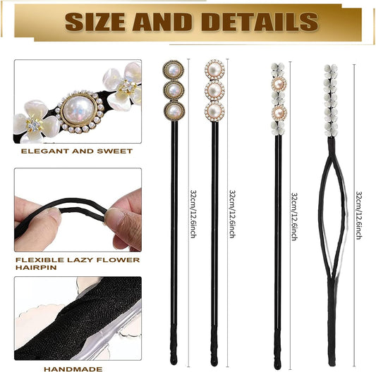 Hair Bun Maker, Deft Bun, 4PCS Women Magic Hair Bun Maker with Peal and Flower, Magic Twist Hairpin Lazy Curler Reusable Bun Hair Accessories for Women Girls,French Twist Hairstyle Donut bun Former Maker Hairstyle (Black and white)
