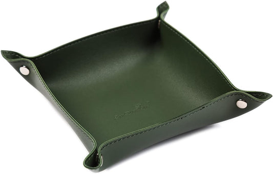 Leather Jewelry Valet Tray for Women and Man, Entryway Table Bedside Nightstand Desk Portable Small Catchall Travel Dish Plate for Key,Wallet,Watch,Phone,Coin(Dark Green-B)