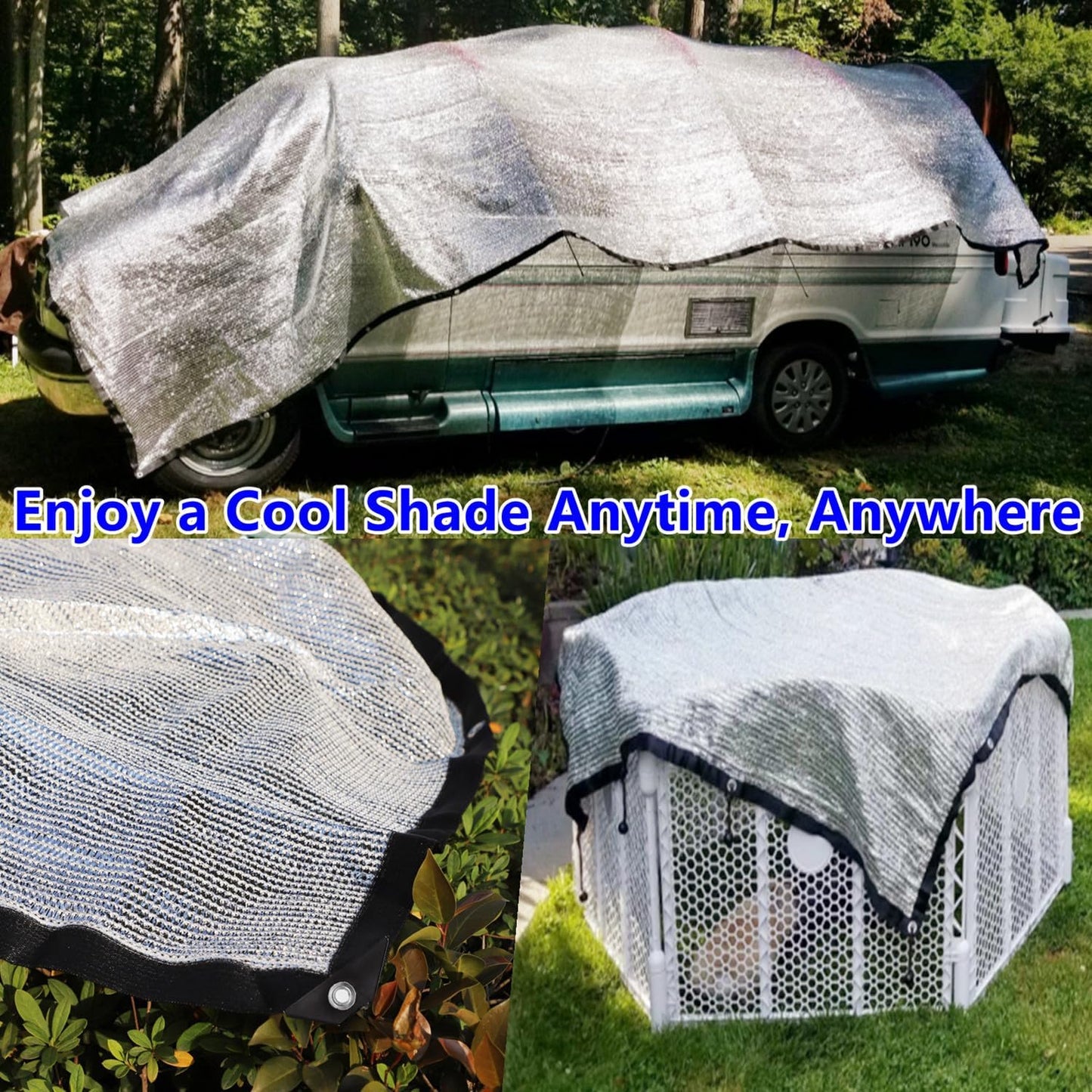 70% Aluminet Shade Cloth 6.5 ft x 10 ft-Fabric Sun Block Sun Reflect-Free 12pcs 6" Ball Bungee
