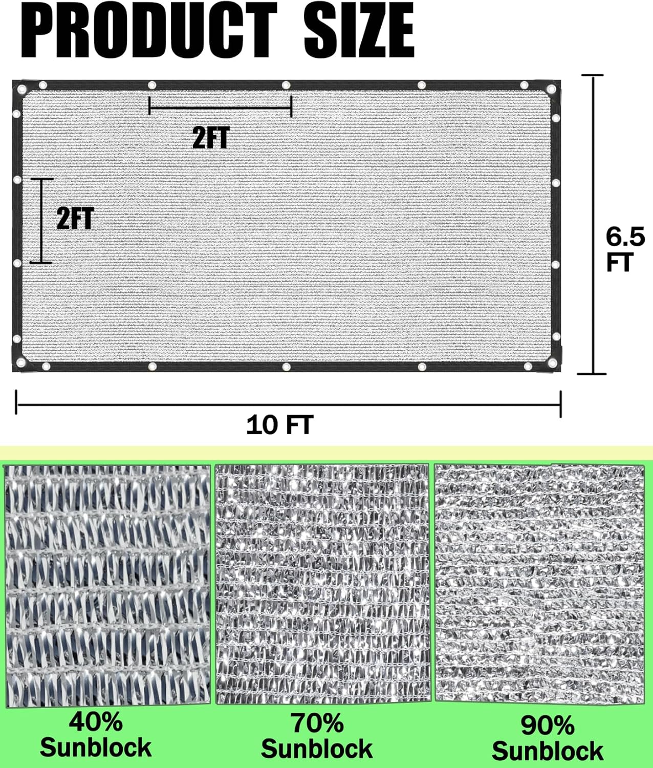 70% Aluminet Shade Cloth 6.5 ft x 10 ft-Fabric Sun Block Sun Reflect-Free 12pcs 6" Ball Bungee