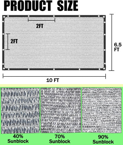 70% Aluminet Shade Cloth 6.5 ft x 10 ft-Fabric Sun Block Sun Reflect-Free 12pcs 6" Ball Bungee