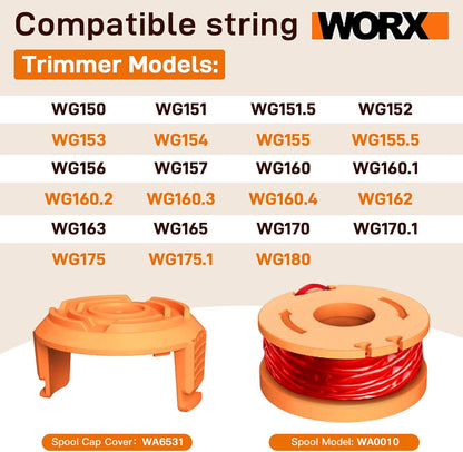 7Pack WA0010 WA0004 Replacement String Trimmer Spool Compatible with Worx WG154 WG162 WG163 WG170 WG151 WG180 Autofeed Weed Eater,Spool Line 10ft 0.065'' and WA6531 Cover Cap (6Spool + 1Cap)