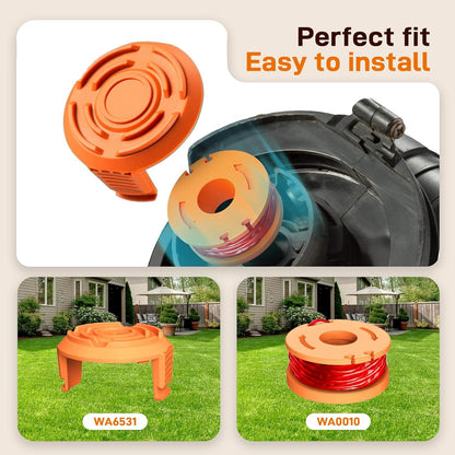 7Pack WA0010 WA0004 Replacement String Trimmer Spool Compatible with Worx WG154 WG162 WG163 WG170 WG151 WG180 Autofeed Weed Eater,Spool Line 10ft 0.065'' and WA6531 Cover Cap (6Spool + 1Cap)