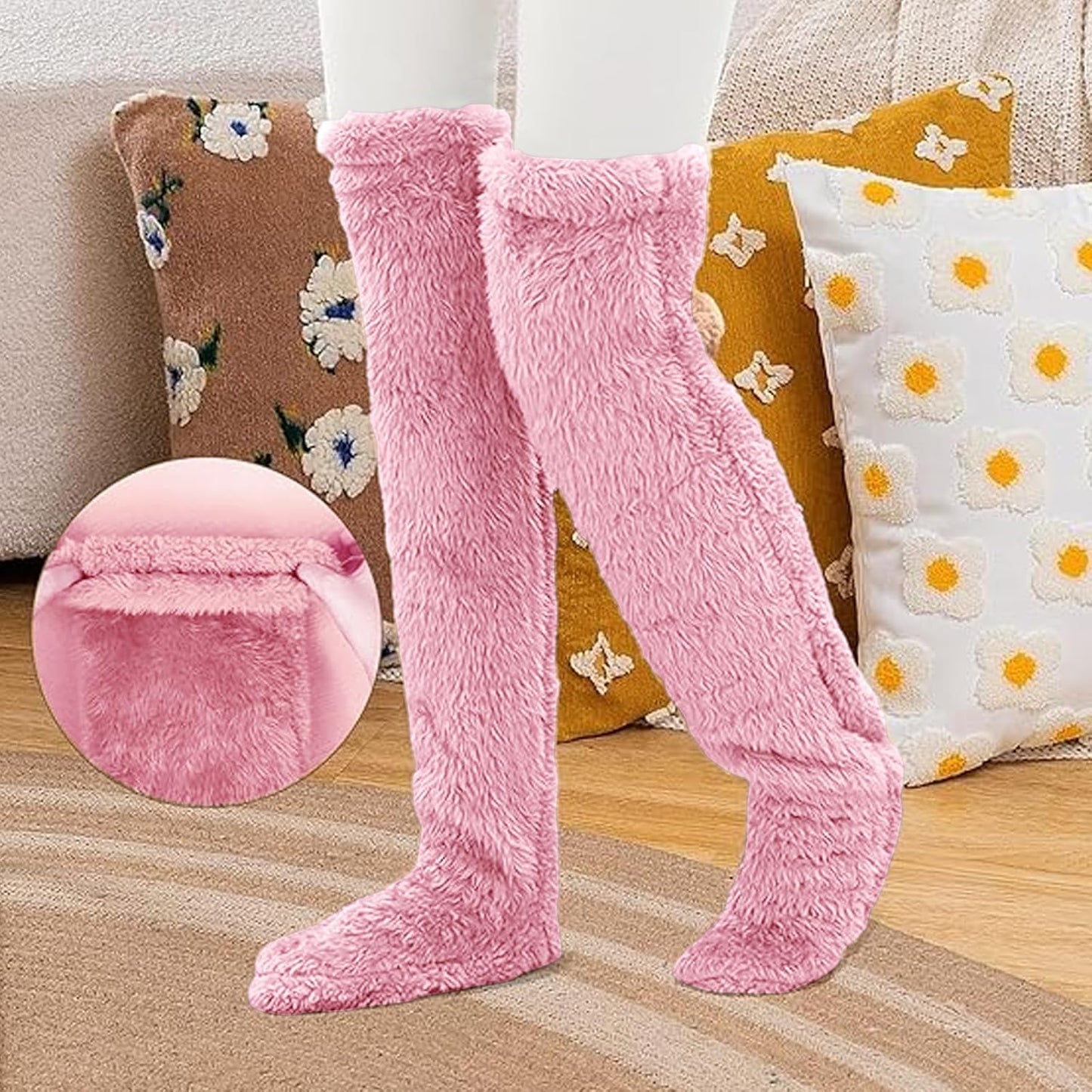 Over Knee High Fuzzy Socks Plush Slipper Stockings Furry Long Leg Warmers Winter Air-Conditioned Home Sleeping Socks