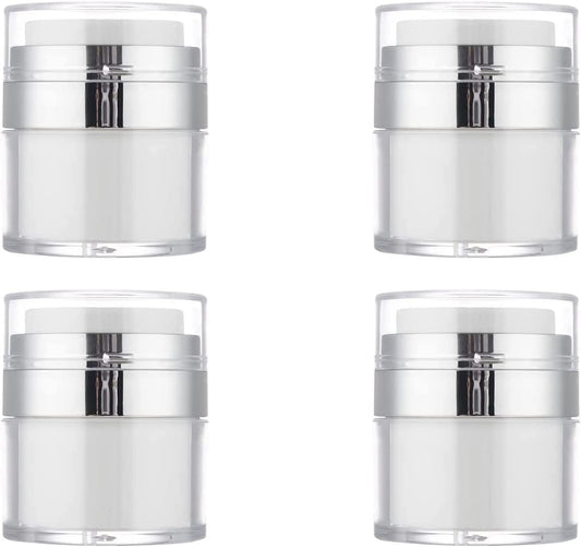 4Pack Empty Airless Pump Jar Portable Refillable Travel Size Cream Jar Vacuum Bottle Lotion Jar with Pump Lid for Skincare Cream, White, Vacuum with Lid Can Refill Cosmetics (100ml)