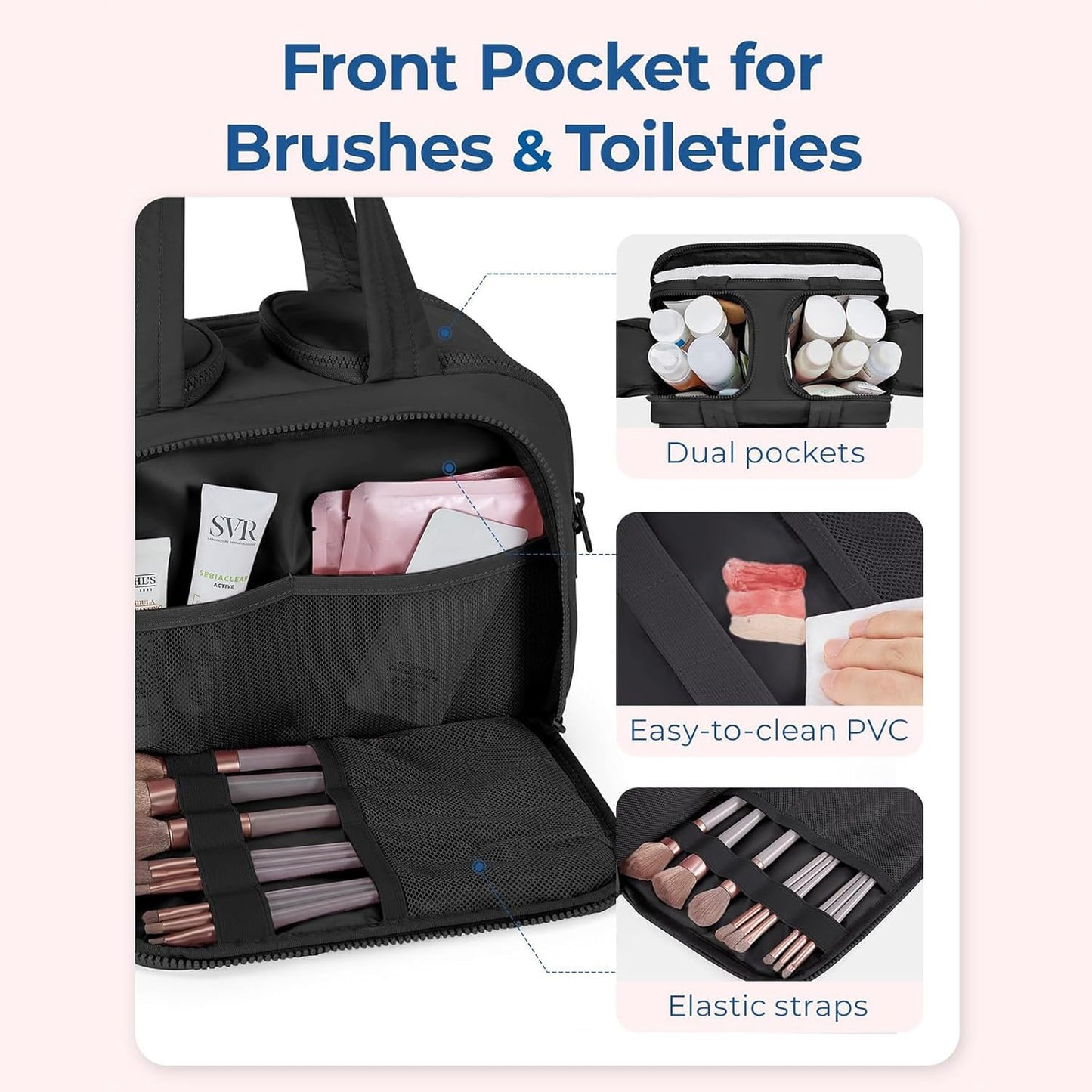 Elouva Toiletry Bag, Elouva Large Capacity Wide-Open Travel Cosmetic Bag, 0.6lb Lightweight Toiletry Bag for Women, Waterproof & Wide Opening Toiletry Organizer for Traveling, Toiletries (Pink)