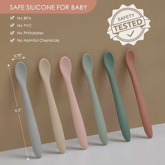 6-Piece Silicone Baby Feeding Spoons, First Stage Infant Soft-Tip Easy on Gums I Training Spoon | Utensils Supplies, Dishwasher & Boil-proof -