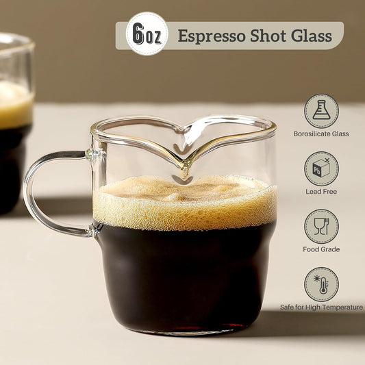 6 OZ Espresso Cups Set of 2, Double Spouts Stackable Cups, Shots Glass Mugs with Handle, Machine Accessories for Coffee Bar, Cute Clear Glasses Gift -
