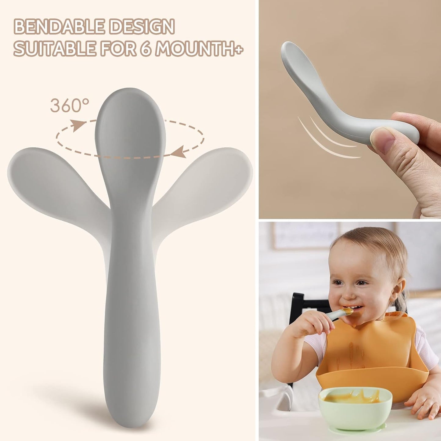 6 Pack Baby Spoons, Shorter Length for Self Feeding, First Stage Food Grade Silicone, 6+ Months, Training Dishwasher Safe & Boil-proof -