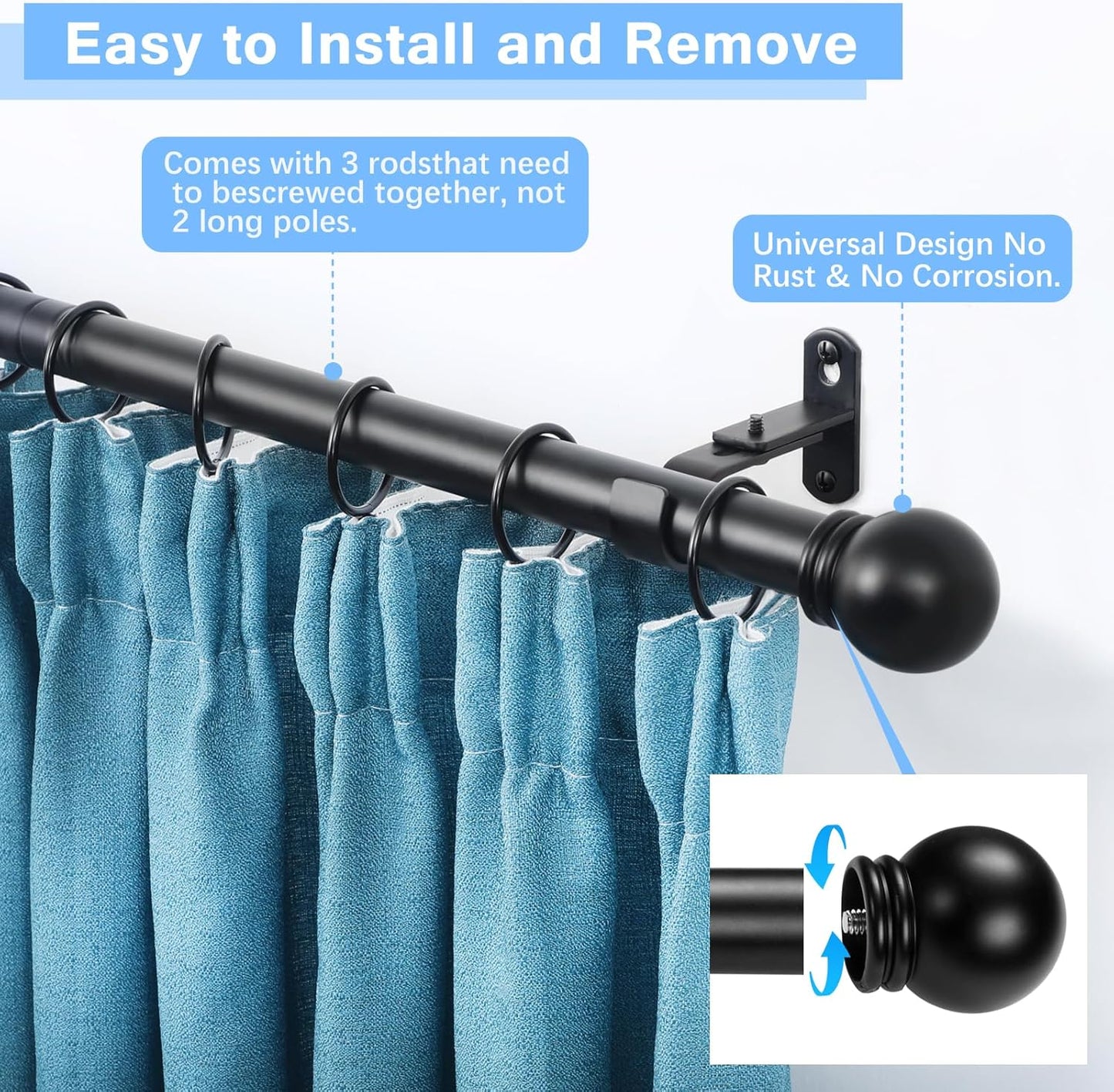 Curtain Rods for Windows 16 to 48 Inches, Rod Max Adjustable Length of 60 IN, 1" Diameter Drapery Round Finials, Black, Pack 1 Black 48" - 1'' rod