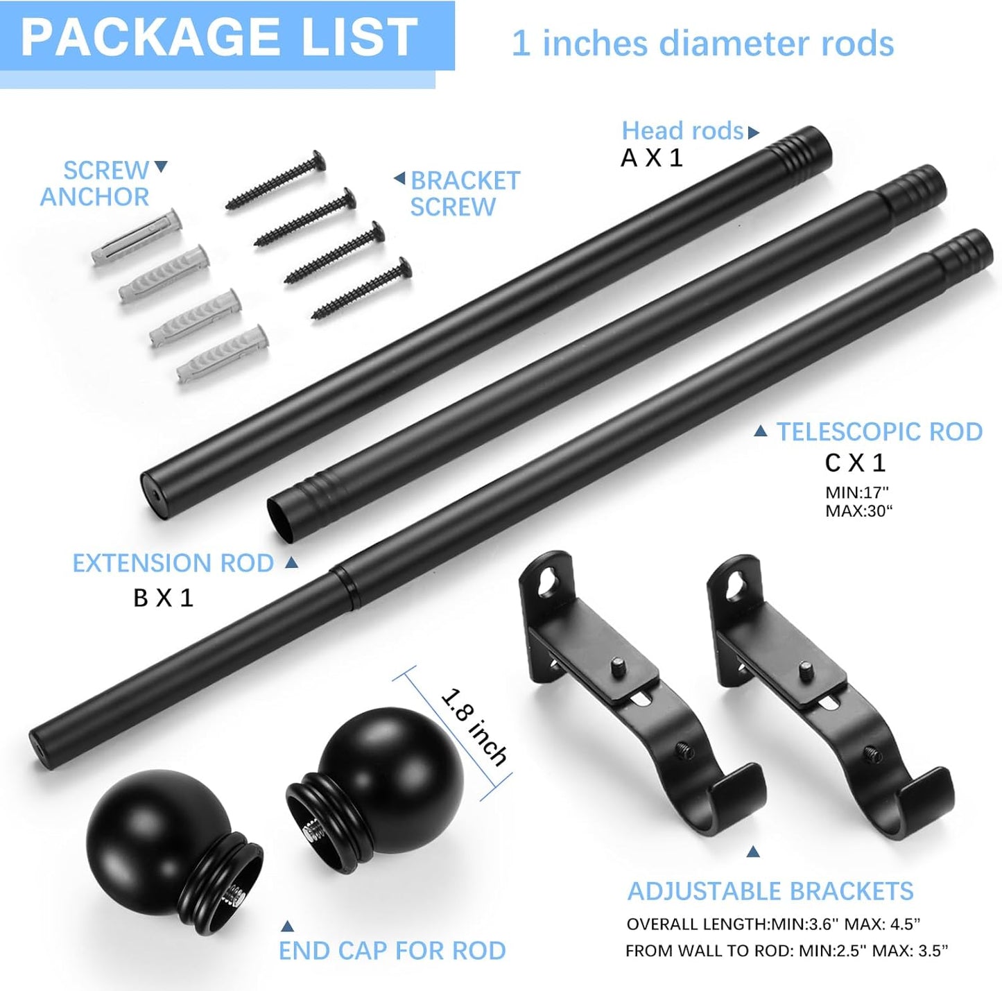 Curtain Rods for Windows 16 to 48 Inches, Rod Max Adjustable Length of 60 IN, 1" Diameter Drapery Round Finials, Black, Pack 1 Black 48" - 1'' rod