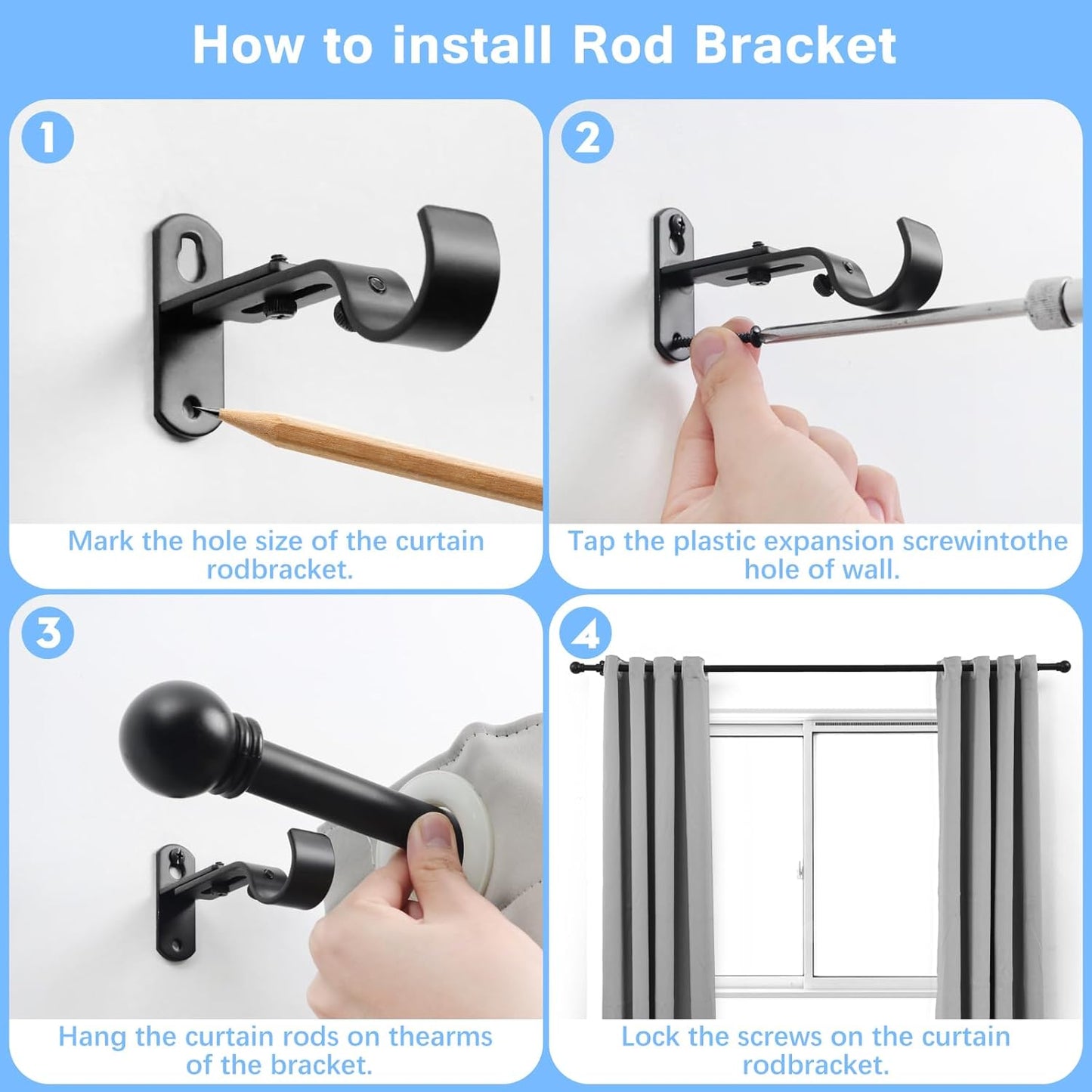 Curtain Rods for Windows 16 to 48 Inches, Rod Max Adjustable Length of 60 IN, 1" Diameter Drapery Round Finials, Black, Pack 1 Black 48" - 1'' rod