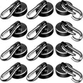 Strong Magnetic Hooks, 70LBS Hooks Heavy Duty Neodymium Magnets with Carabiner Hook, Magnet Swivel for Kitchen, Hanging, Cruise, Grill, Refrigerator - 12 Pack Black 2in x 0.98in