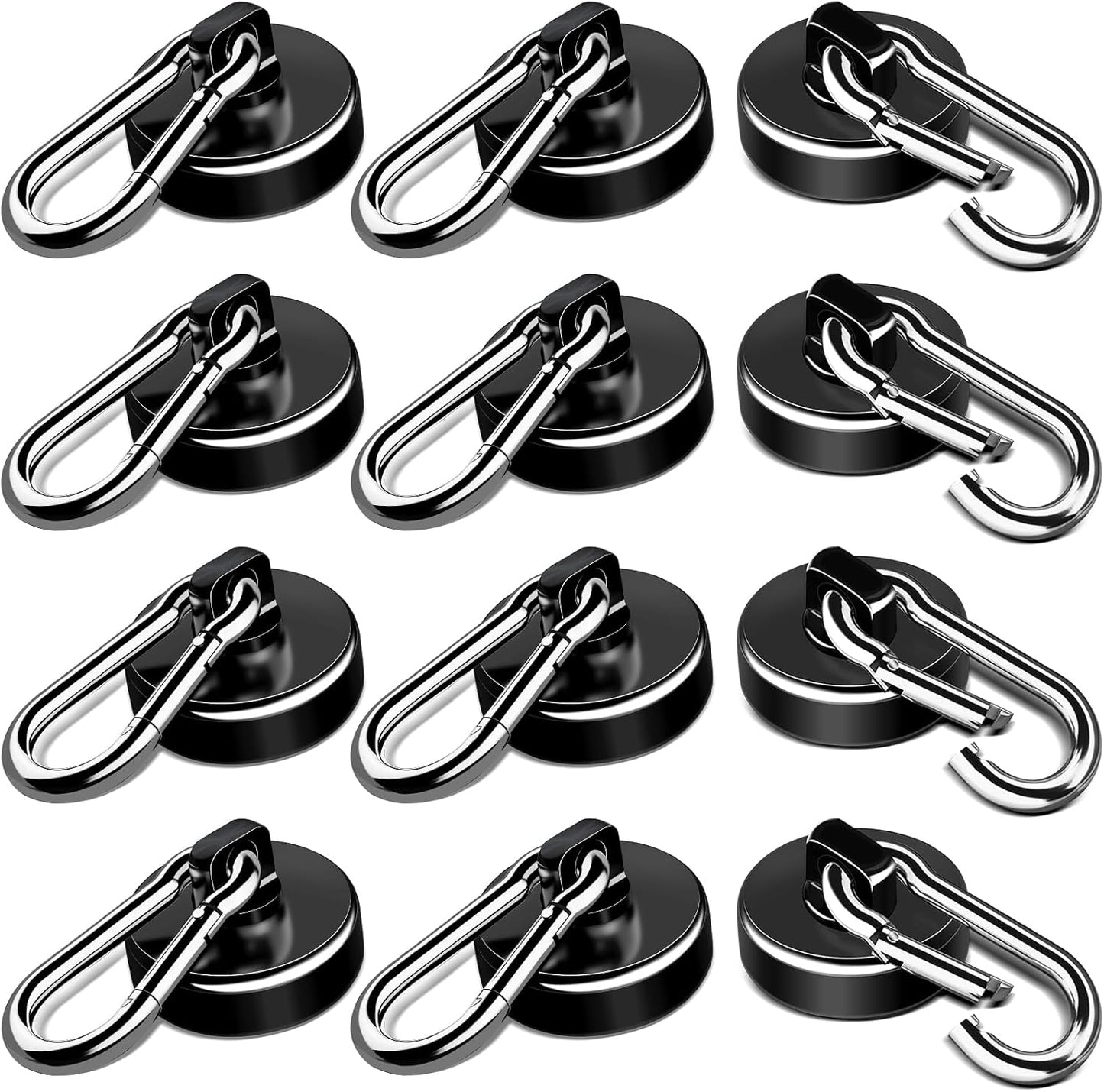 Strong Magnetic Hooks, 70LBS Hooks Heavy Duty Neodymium Magnets with Carabiner Hook, Magnet Swivel for Kitchen, Hanging, Cruise, Grill, Refrigerator - 12 Pack Black 2in x 0.98in