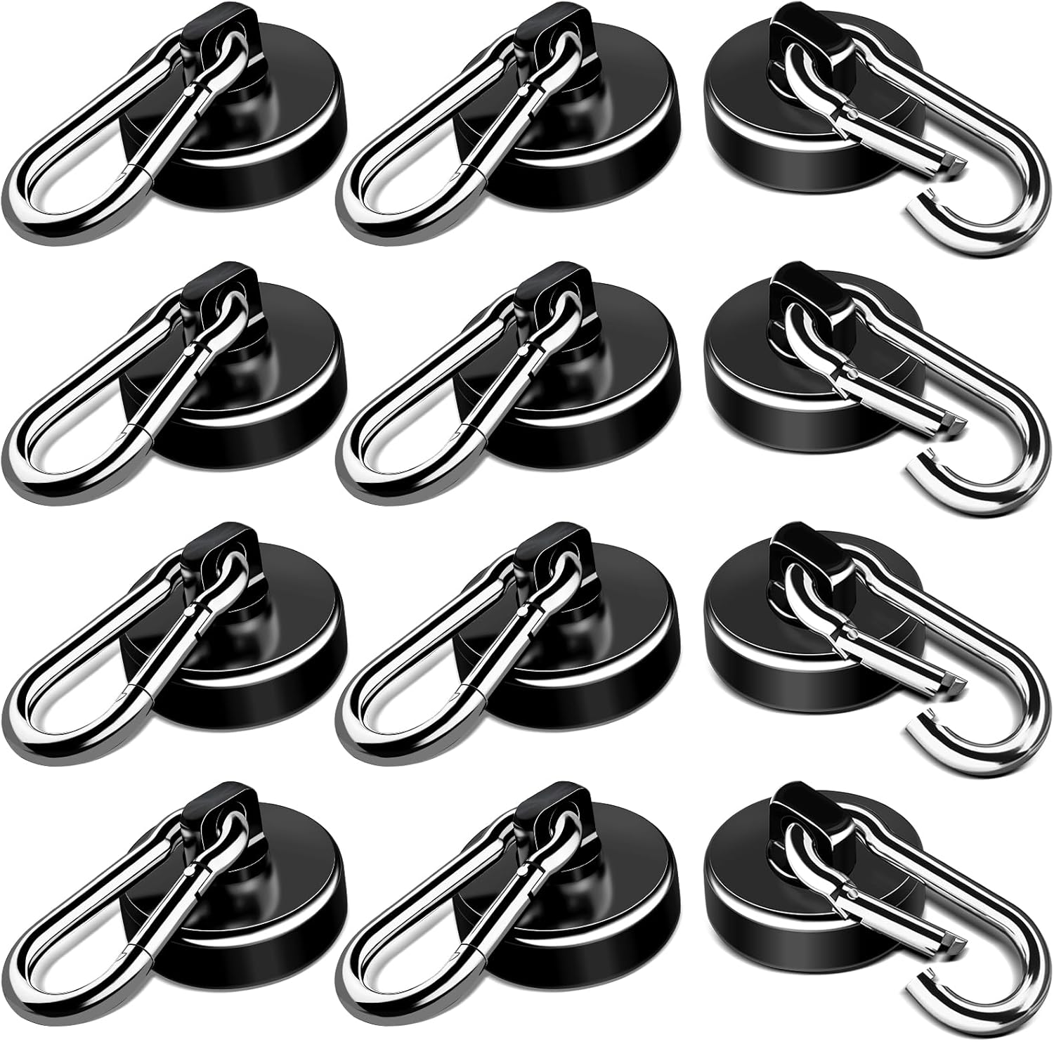 Strong Magnetic Hooks, 70LBS Hooks Heavy Duty Neodymium Magnets with Carabiner Hook, Magnet Swivel for Kitchen, Hanging, Cruise, Grill, Refrigerator - 12 Pack Black 2in x 0.98in