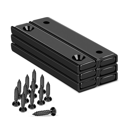 80lbs Neodymium Bar Magnets with Screws Holes, Strong Cabinet for Closure, Rare Earth Magnetic Rectangle Doors, Mounting, Locker Accessories - 60x13.5x5mm Pack of 6 Black 60x13.5x5 mm