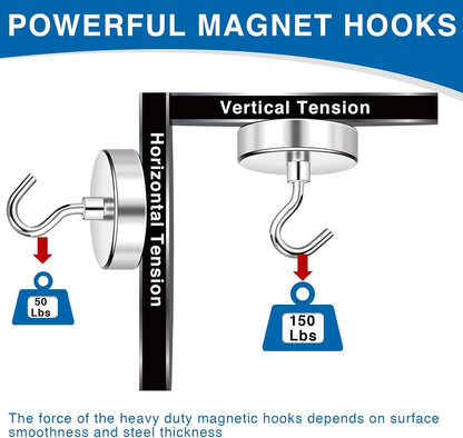 150LBS Magnetic Hooks, Strong Magnet Hooks for Hanging Heavy Duty, Neodymium Magnets with Refrigerator, Cruise Cabins, Hanging, Grill, Kitchen, Locker - 2 Pack, 150lbs-2p