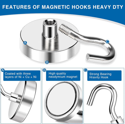 150LBS Magnetic Hooks, Strong Magnet Hooks for Hanging Heavy Duty, Neodymium Magnets with Refrigerator, Cruise Cabins, Hanging, Grill, Kitchen, Locker - 2 Pack, 150lbs-2p