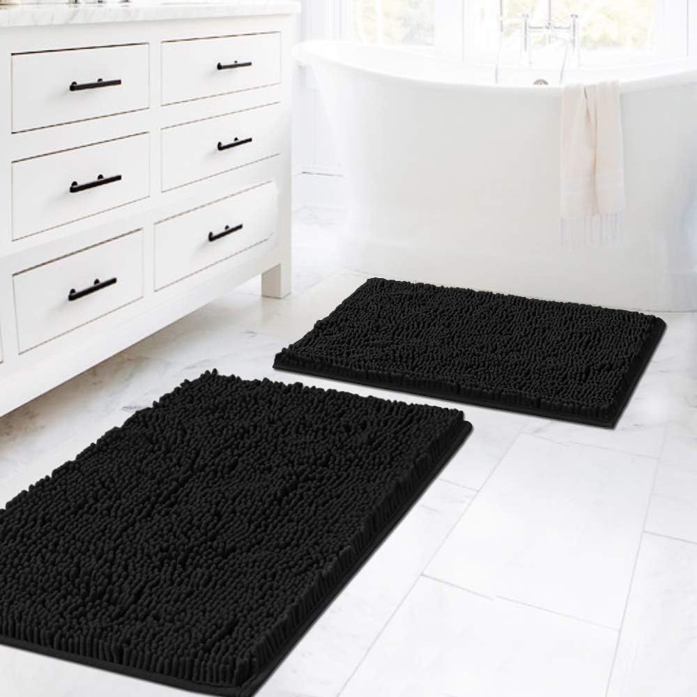Black Bathroom Rug Set 2 Piece, Bath Mats for Floor, Super Thick Soft Shaggy Chenille Machine Washable, Dry Fast Water Absorbent Mats(20" x 32"/17" 24") 20" 32" Plus 17" 24"