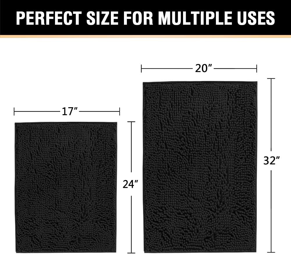 Black Bathroom Rug Set 2 Piece, Bath Mats for Floor, Super Thick Soft Shaggy Chenille Machine Washable, Dry Fast Water Absorbent Mats(20" x 32"/17" 24") 20" 32" Plus 17" 24"