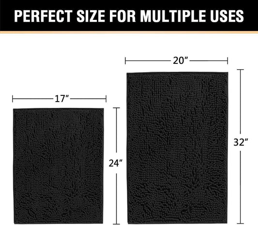 Black Bathroom Rug Set 2 Piece, Bath Mats for Floor, Super Thick Soft Shaggy Chenille Machine Washable, Dry Fast Water Absorbent Mats(20" x 32"/17" 24") 20" 32" Plus 17" 24"