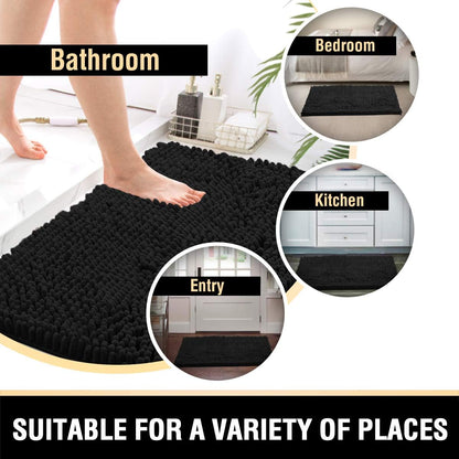 Black Bathroom Rug Set 2 Piece, Bath Mats for Floor, Super Thick Soft Shaggy Chenille Machine Washable, Dry Fast Water Absorbent Mats(20" x 32"/17" 24") 20" 32" Plus 17" 24"
