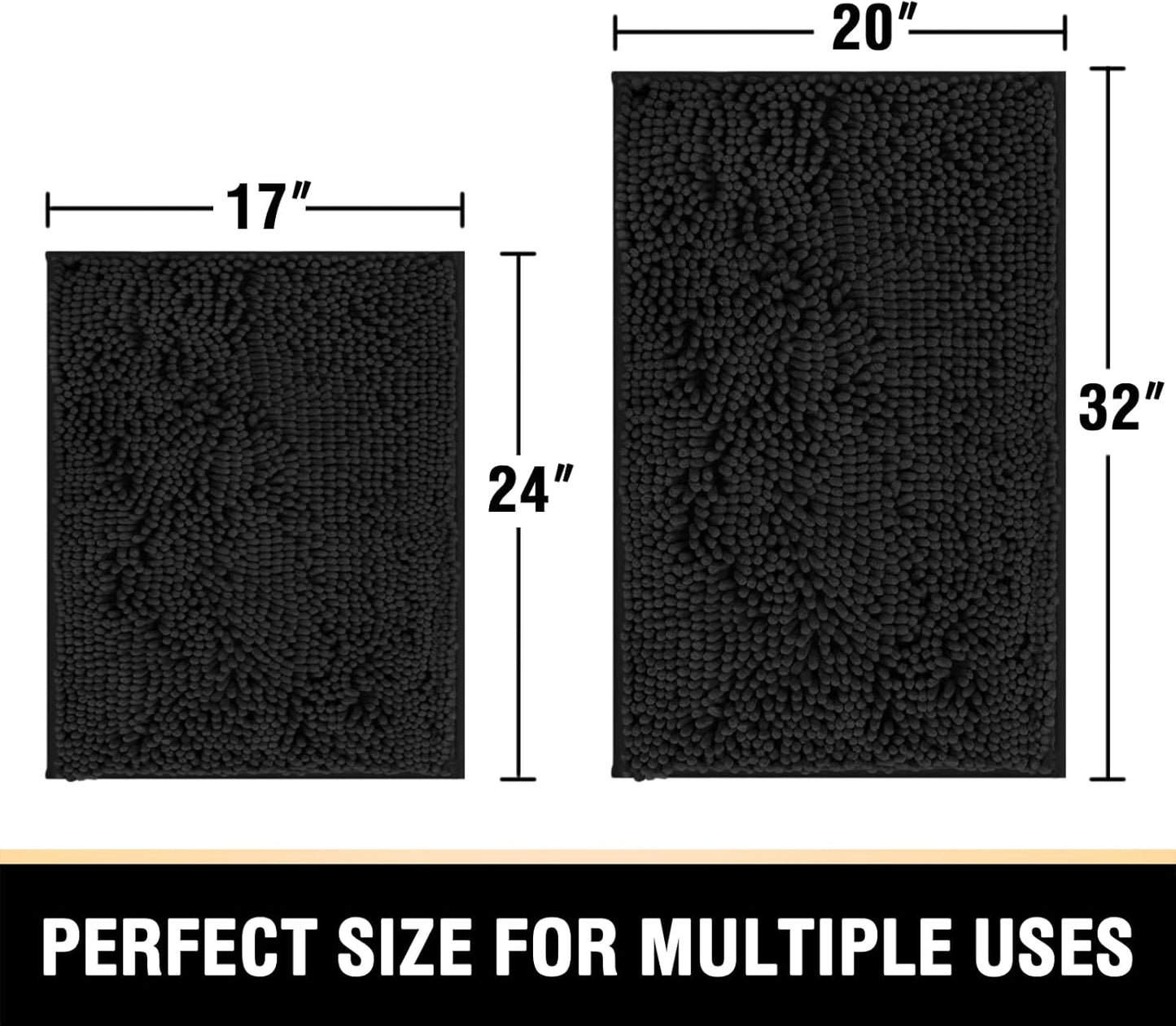 Black Bathroom Rug Set 2 Piece, Bath Mats for Floor, Super Thick Soft Shaggy Chenille Machine Washable, Dry Fast Water Absorbent Mats(20" x 32"/17" 24") 20" 32" Plus 17" 24"