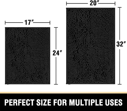 Black Bathroom Rug Set 2 Piece, Bath Mats for Floor, Super Thick Soft Shaggy Chenille Machine Washable, Dry Fast Water Absorbent Mats(20" x 32"/17" 24") 20" 32" Plus 17" 24"