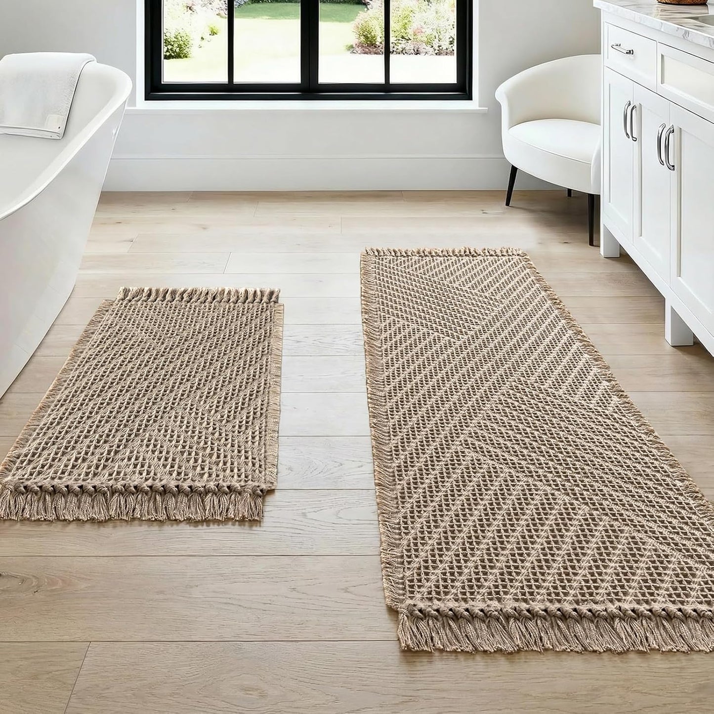 Waffle Bath Mat Super Absorbent Boho Non Slip Rugs for Bathroom Floor Machine Washable Dry Fast with Tassels (47 x 17 Plus 24 Inches, Irish Cream) Cream 47" 17" 24"