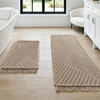 Waffle Bath Mat Super Absorbent Boho Non Slip Rugs for Bathroom Floor Machine Washable Dry Fast with Tassels (47 x 17 Plus 24 Inches, Irish Cream) Cream 47" 17" 24"