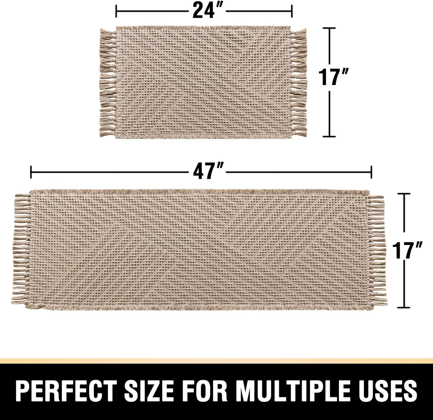 Waffle Bath Mat Super Absorbent Boho Non Slip Rugs for Bathroom Floor Machine Washable Dry Fast with Tassels (47 x 17 Plus 24 Inches, Irish Cream) Cream 47" 17" 24"