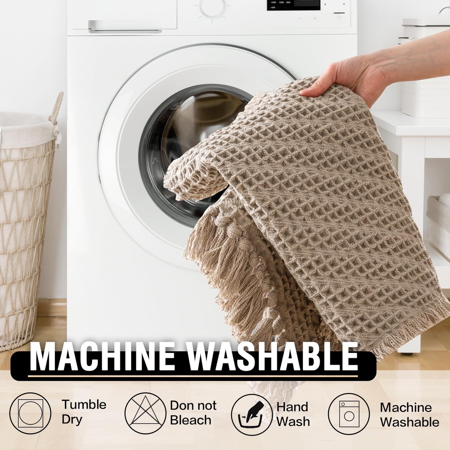 Waffle Bath Mat Super Absorbent Boho Non Slip Rugs for Bathroom Floor Machine Washable Dry Fast with Tassels (47 x 17 Plus 24 Inches, Irish Cream) Cream 47" 17" 24"