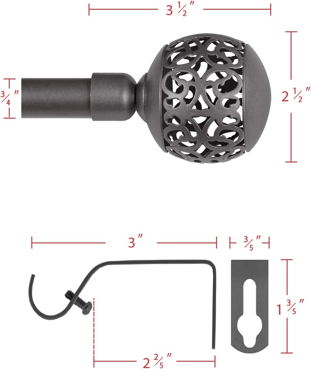 Window Treatment Single Curtain Rod Set Telescoping with Carved Hollow Ball Finials, Adjustable Length from 28 to 48-Inch, 3/4 Inch Diameter, Pewter 28"-48"