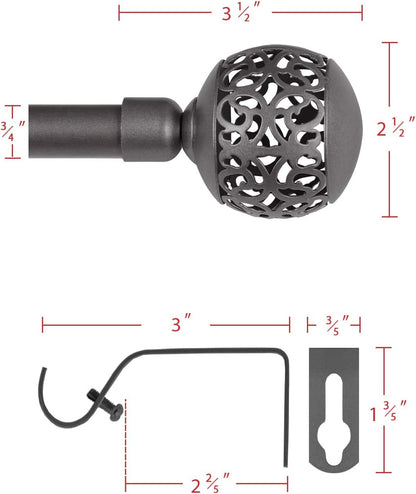 Window Treatment Single Curtain Rod Set Telescoping with Carved Hollow Ball Finials, Adjustable Length from 28 to 48-Inch, 3/4 Inch Diameter, Pewter 28"-48"
