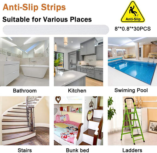 30 PCS Non Slip Shower Stickers, Safety Adhesive Strips Treads for Bathroom Floor Tub Stairs Ladders Pools Boats, Bathtub Appliques Adults & Kids with Scraper (Clear) Clear -