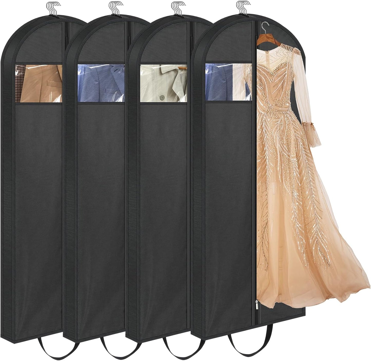 65" Long Garment Bags for Travel, Dress Hanging Clothes, Wedding Cover Women, Closet Storage Gowns, Coats, Black, 4 Pack -