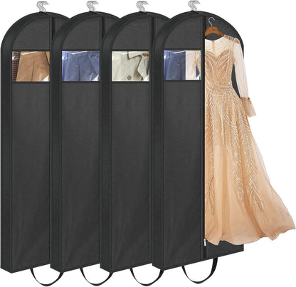 65" Long Garment Bags for Travel, Dress Hanging Clothes, Wedding Cover Women, Closet Storage Gowns, Coats, Black, 4 Pack -