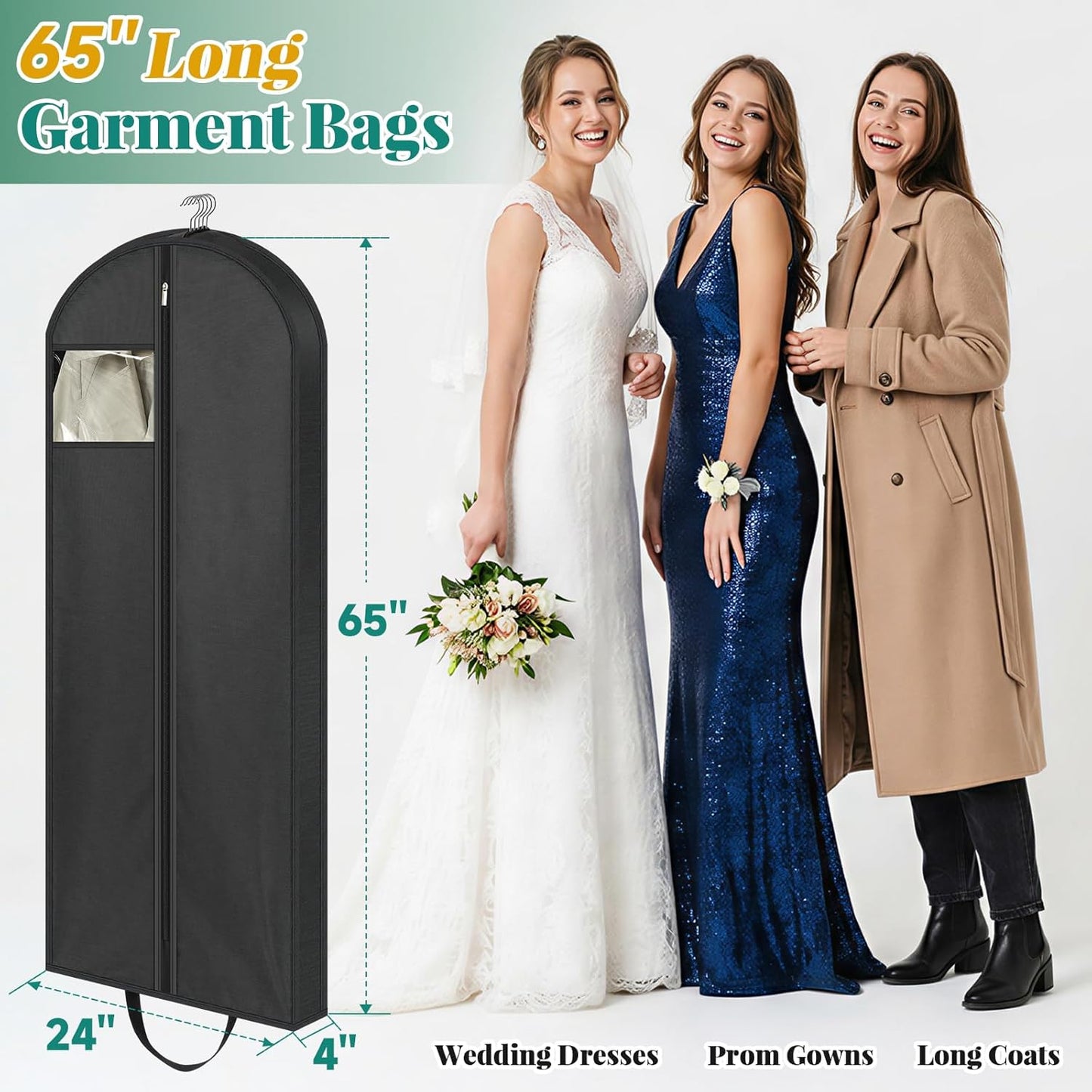 65" Long Garment Bags for Travel, Dress Hanging Clothes, Wedding Cover Women, Closet Storage Gowns, Coats, Black, 4 Pack -