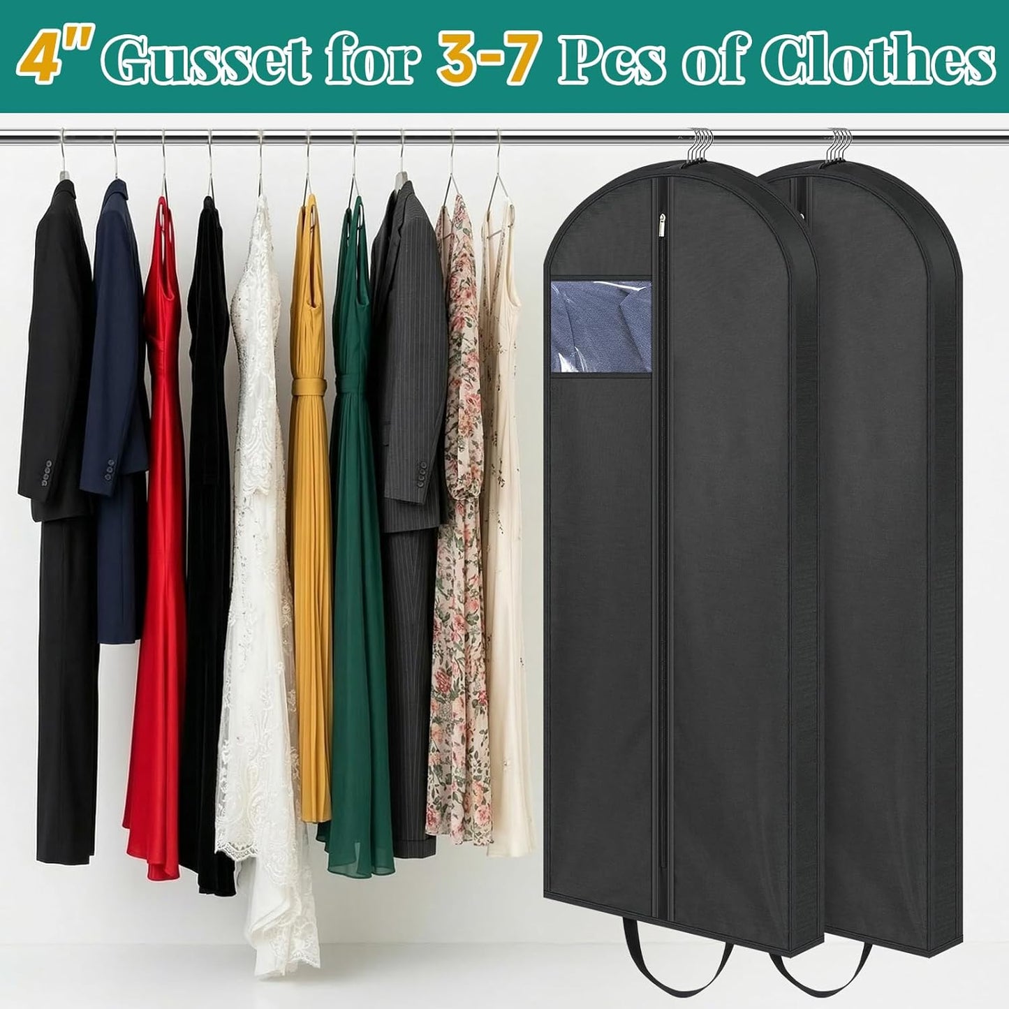 65" Long Garment Bags for Travel, Dress Hanging Clothes, Wedding Cover Women, Closet Storage Gowns, Coats, Black, 4 Pack -