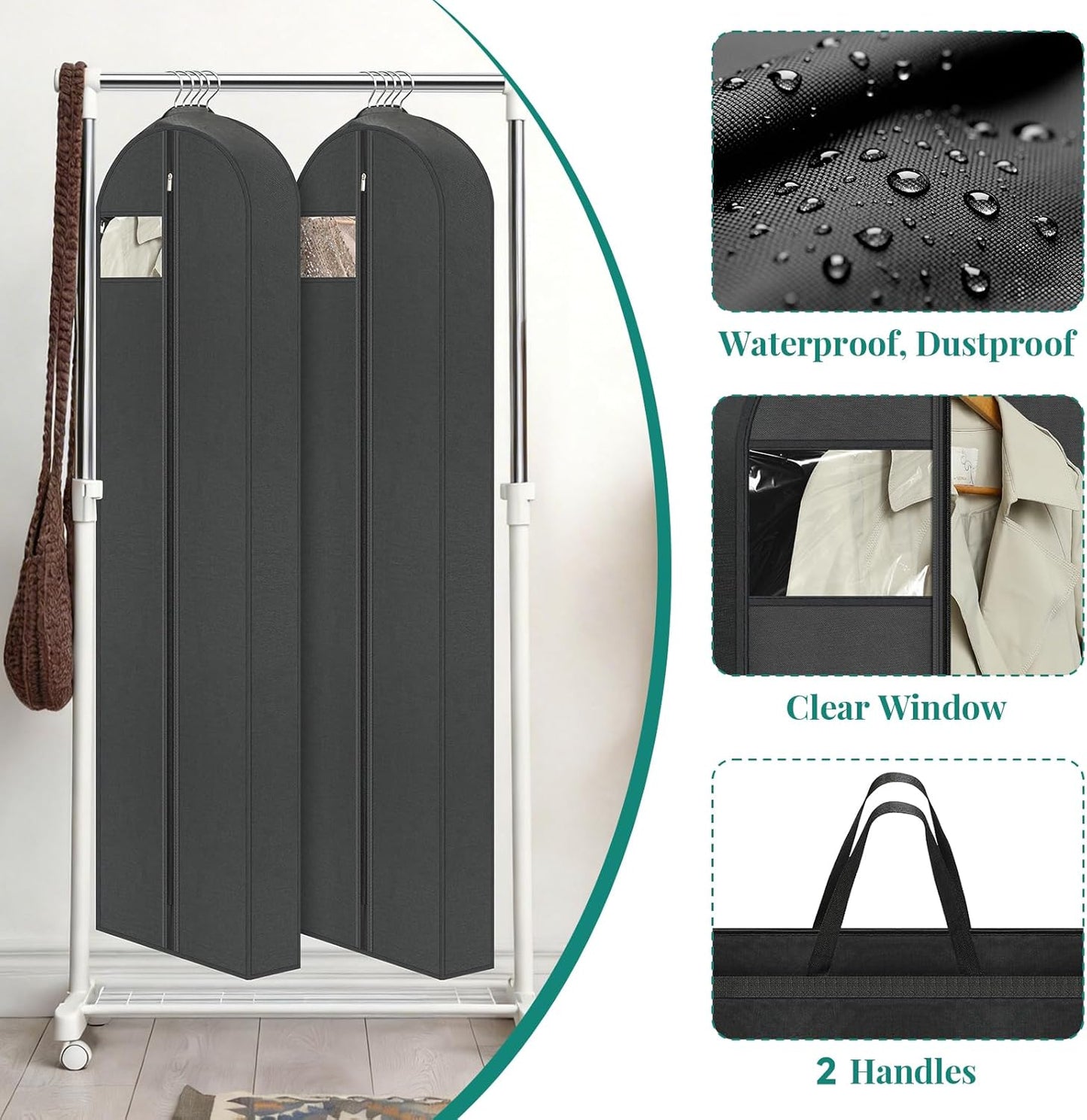 65" Long Garment Bags for Travel, Dress Hanging Clothes, Wedding Cover Women, Closet Storage Gowns, Coats, Black, 4 Pack -