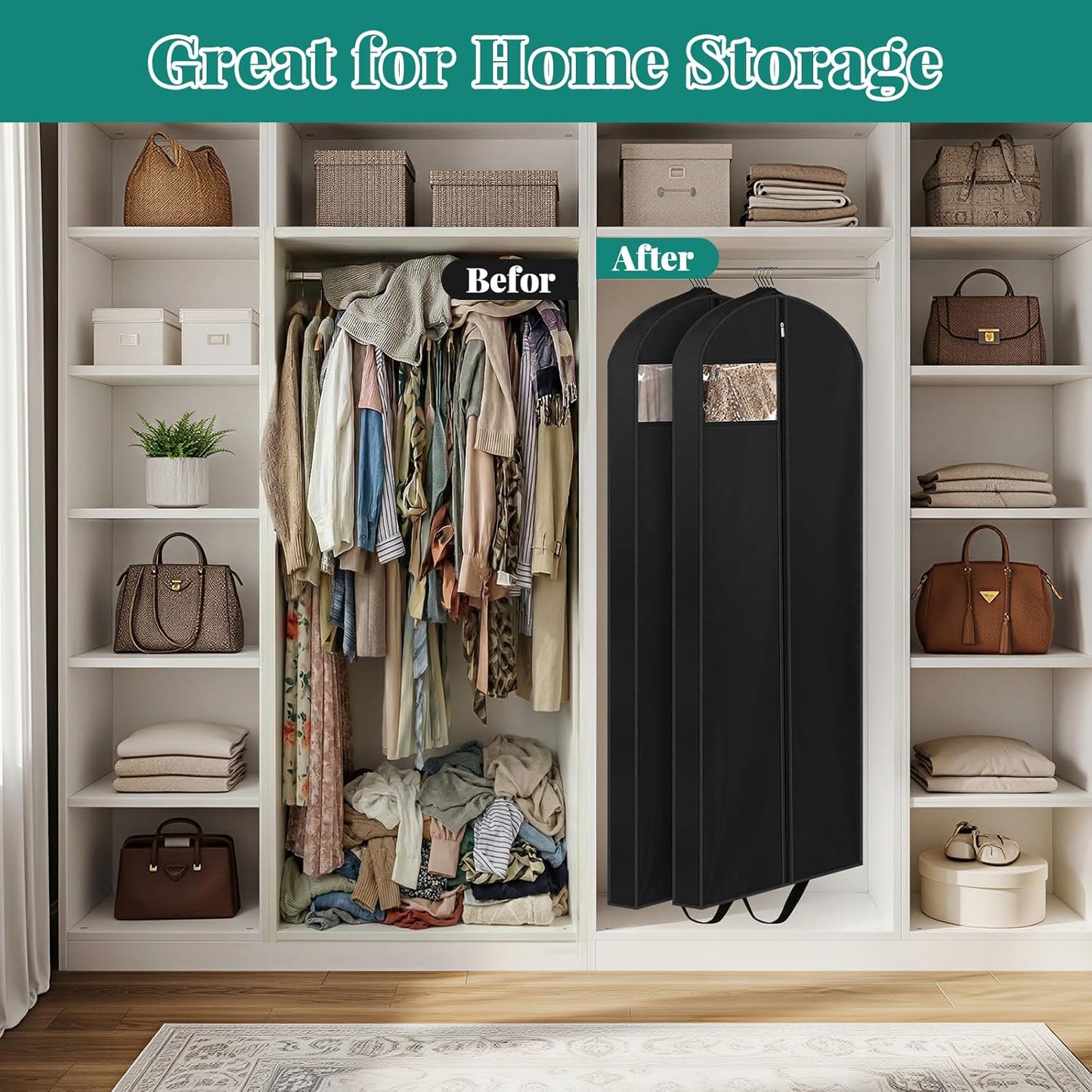 65" Long Garment Bags for Travel, Dress Hanging Clothes, Wedding Cover Women, Closet Storage Gowns, Coats, Black, 4 Pack -