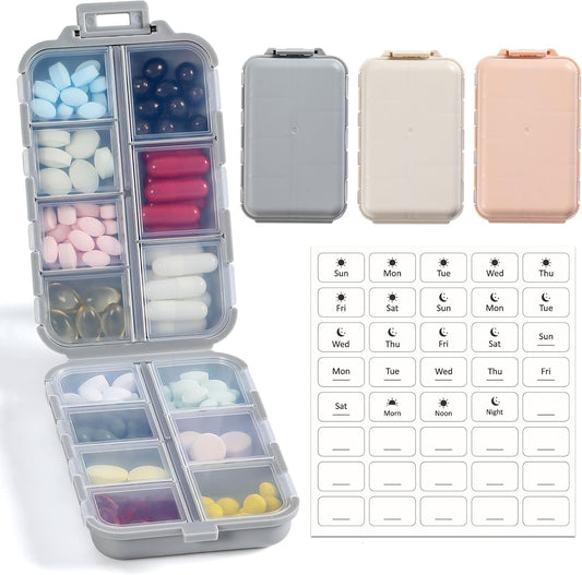 14 Grids Pill Organizer Box with Labels, Travel Medication Holder Dispenser Case Kit, Pocket Daily Pharmacy Container for Fish Oil Vitamin Supplement Storage, Khaki Pink Grey, 3 Pack Khaki+pink+grey
