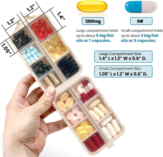 14 Grids Pill Organizer Box with Labels, Travel Medication Holder Dispenser Case Kit, Pocket Daily Pharmacy Container for Fish Oil Vitamin Supplement Storage, Khaki Pink Grey, 3 Pack Khaki+pink+grey